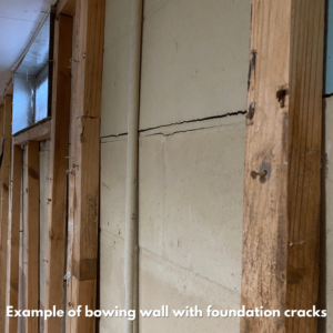 foundation wall & floor cracks can be repaired with polyurethane. This is a bowing wall with cracks.