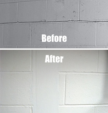 This image shows a bowing wall before and after carbon fiber repair. 