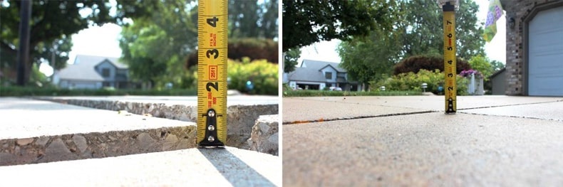 side by side image of sunken concrete and a tape measure showing how the concrete has been raised