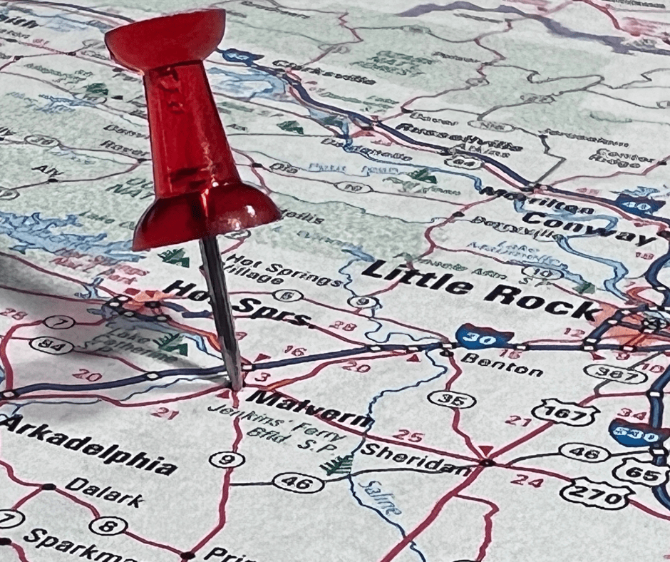 Push pin in a map showing Airlift Concrete Expert's location in Malvern, Arkansas.